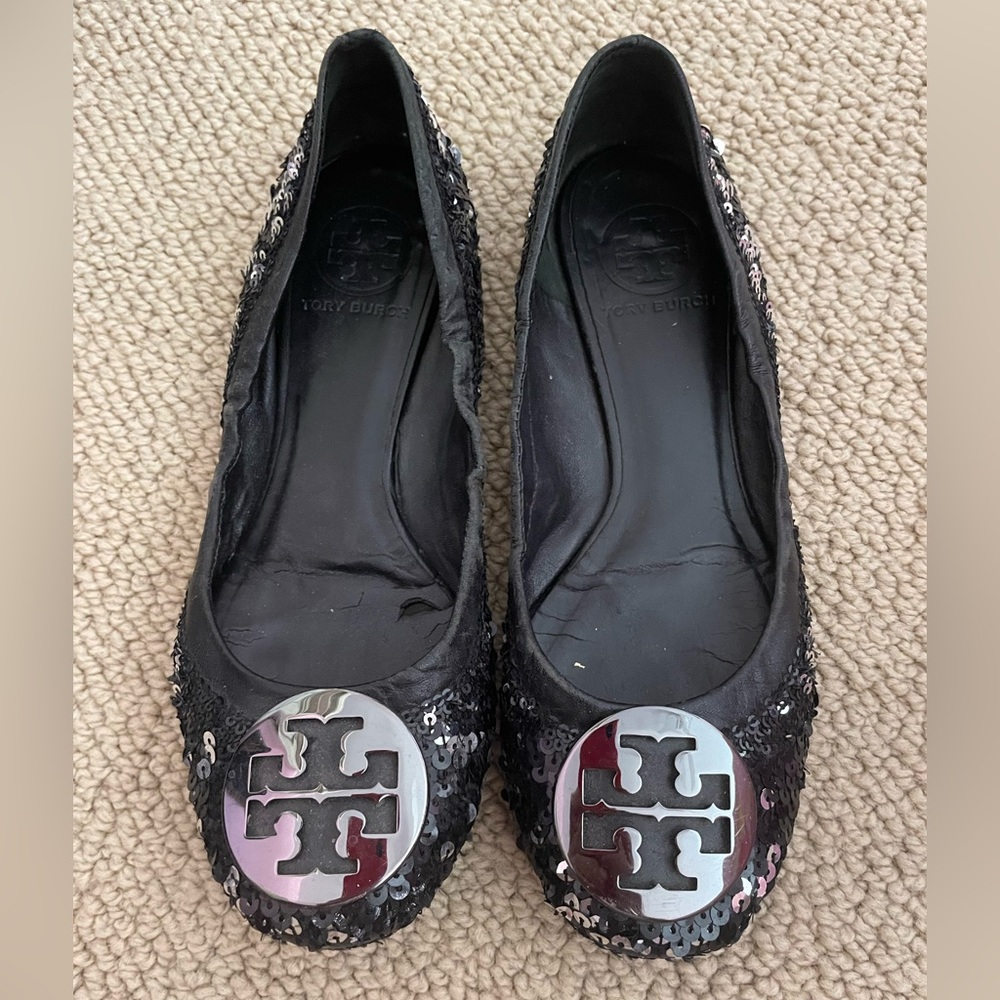Black and silver glitter Tory Burch Flats